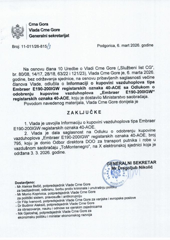 Informacija o kupovini vazduhoplova tipa Embraer E190-200IGW registarskih oznaka 40-AOE sa Odlukom o odobrenju kupovine vazduhoplova tipa „Embraer E190-200IGW“ registarskih oznaka 40-AOE - Zaključci