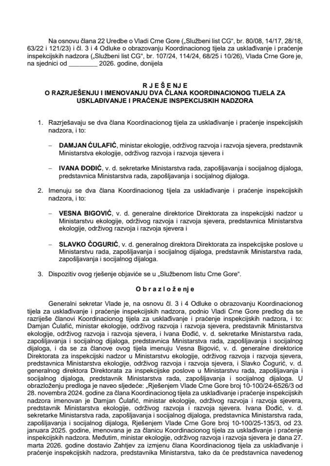 Predlog za razrješenje i imenovanje dva člana Koordinacionog tijela za usklađivanje i praćenje inspekcijskih nadzora
