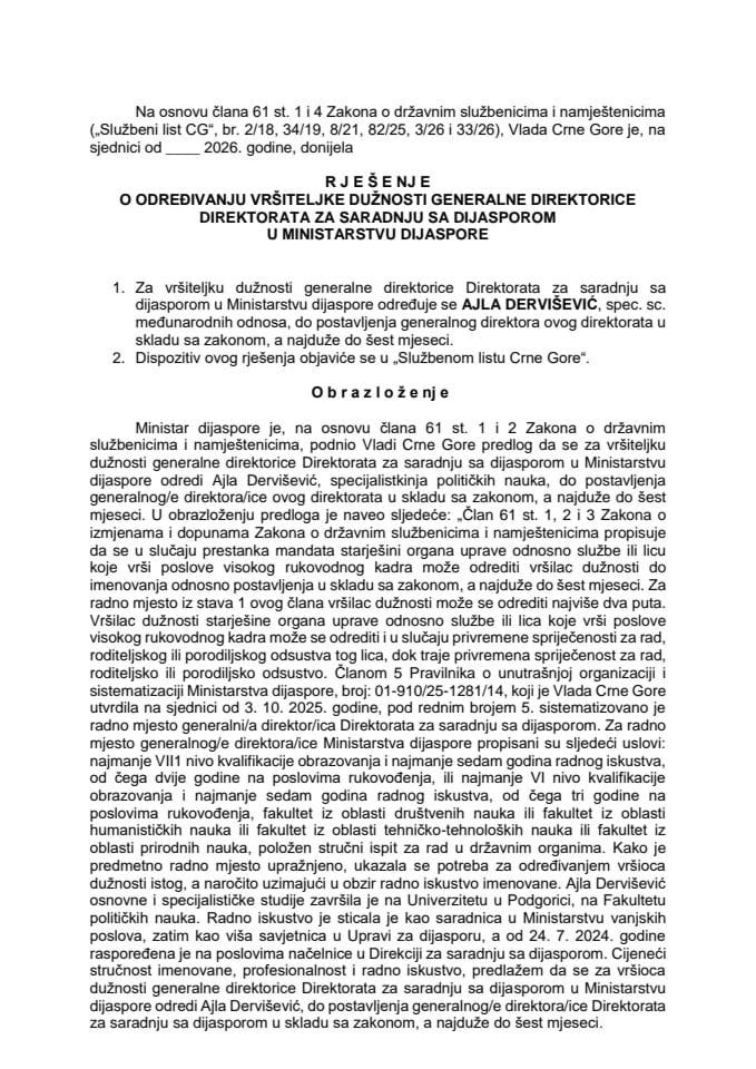 Predlog za određivanje vršiteljke dužnosti generalne direktorice Direktorata za saradnju sa dijasporom u Ministarstvu dijaspore