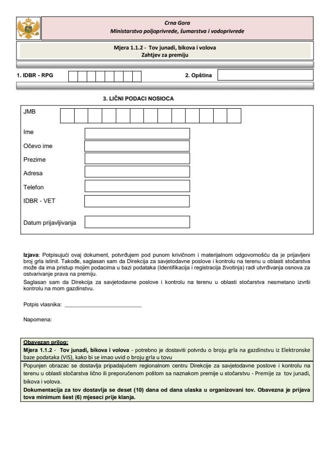 Obrazac za prijavu premija za tov junadi ,bikova i volova za 2026. godinu