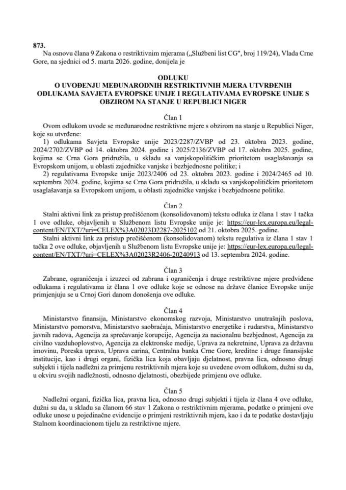 Odluka o uvođenju međunarodnih restriktivnih mjera utvrđenih odlukama Savjeta Evropske unije i regulativama Evropske unije s obzirom na stanje u Republici Niger – s prevodima odluka i regulativa