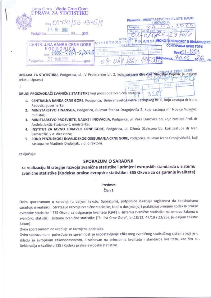 Sporazum o saradnji za realizaciju Strategije razvoja zvanične statistike i primjeni evropskih standarda u sistemu zvanične statistike (Kodeksa prakse evropske statistike i ESS Okvira za osiguranje kvaliteta)