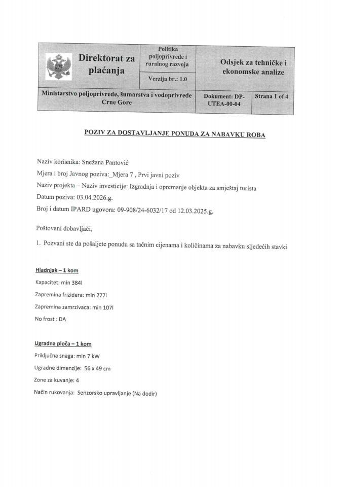 Poziv za ponude hladnjak