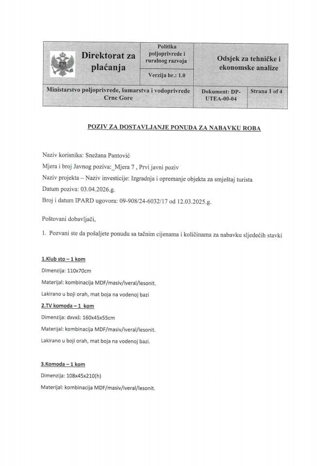 Poziv za ponude klub sto