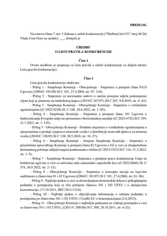 Predlog uredbe o listi pravila konkurencije