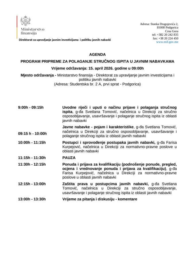 Agenda 15. april 2026. godine