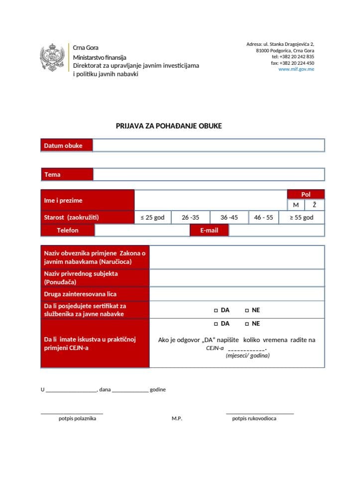 Prijava za pohađanje obuka