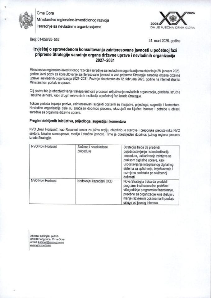 Izvještaj o sprovedenom konsultovanju zainteresovane javnosti u početnoj fazi pripreme Strategije saradnje organa državne uprave i nevladinih organizacija 2027-2031