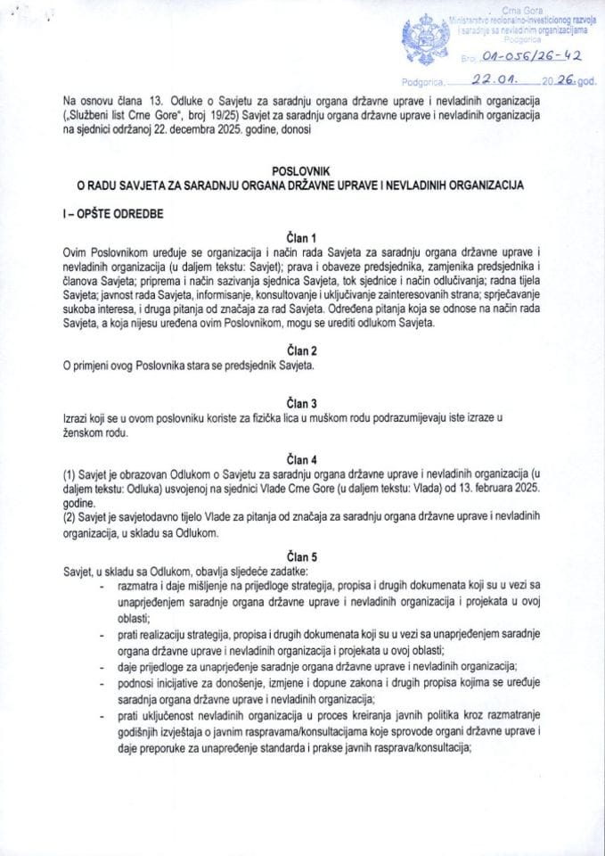 Poslovnik o radu Savjeta za saradnju organa državne uprave i NVO