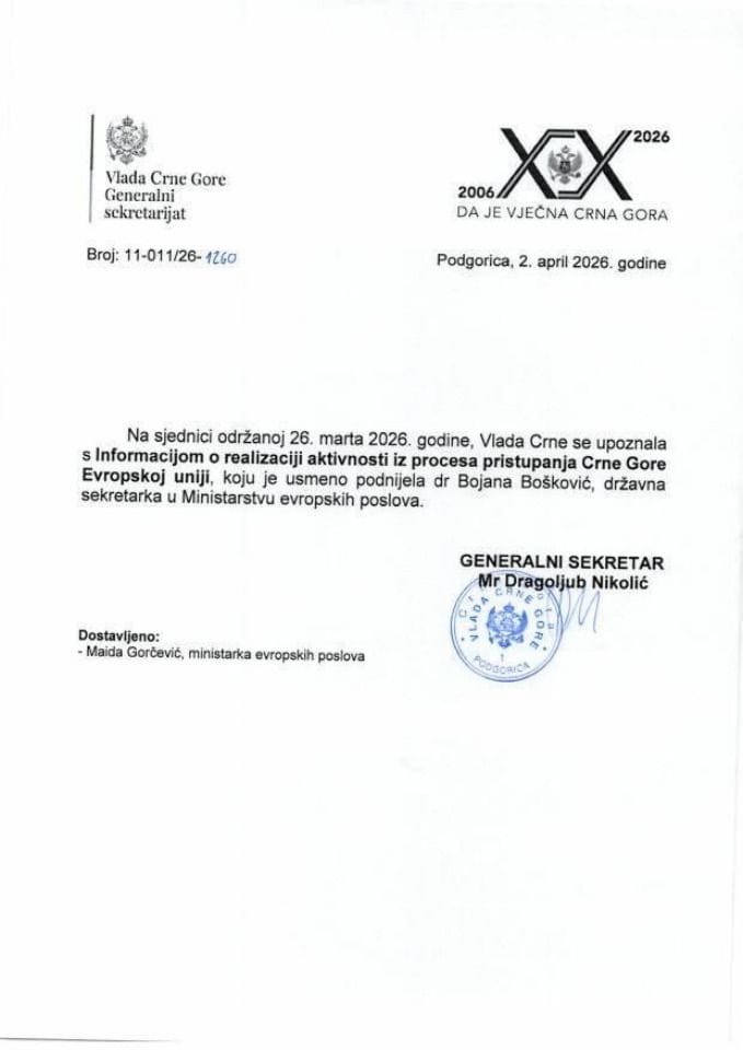 Usmena informacija o realizaciji aktivnosti iz procesa pristupanja Crne Gore Evropskoj uniji - Zaključci