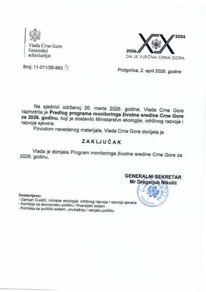 Prijedlog programa monitoringa životne sredine za 2026. godinu - Zaključci