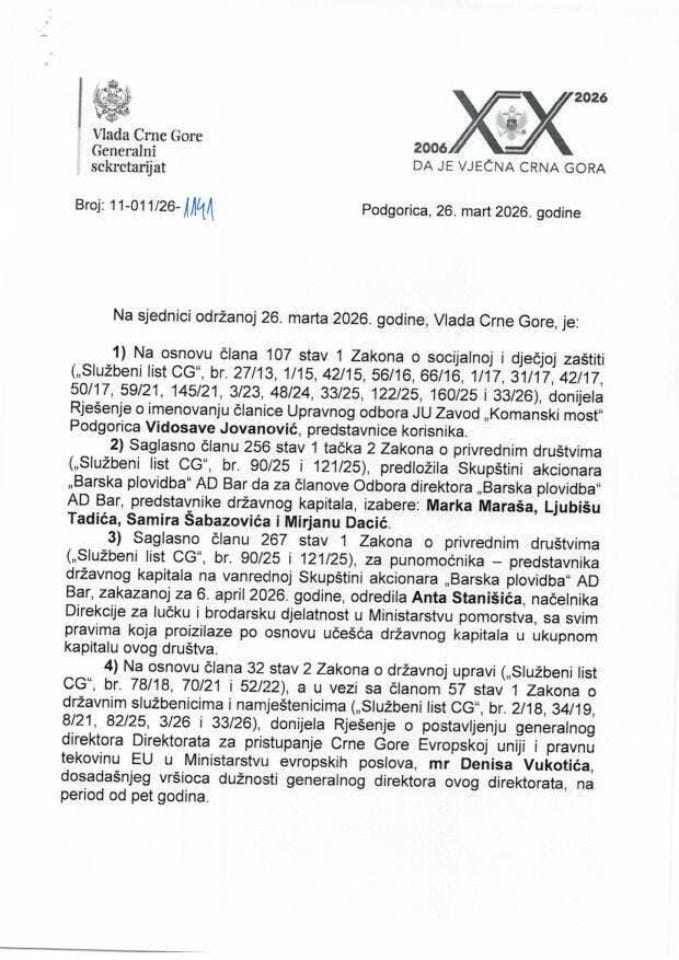 Kadrovska pitanja - 119. sjednica Vlade - Zaključci