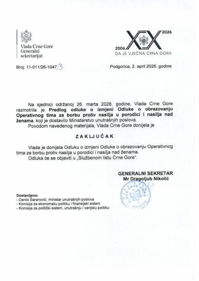 Predlog odluke o izmjeni Odluke o obrazovanju Operativnog tima za borbu protiv nasilja u porodici i nasilja nad ženama - Zaključci