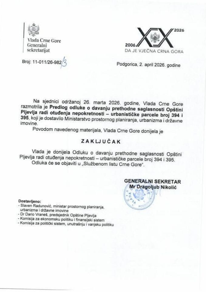 Predlog odluke o davanju prethodne saglasnosti Opštini Pljevlja radi otuđenja nepokretnosti - urbanističke parcele broj 394 i 395 - Zaključci