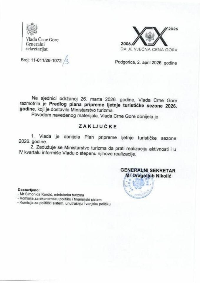 Predlog plana pripreme ljetnje turističke sezone 2026. godine - Zaključci
