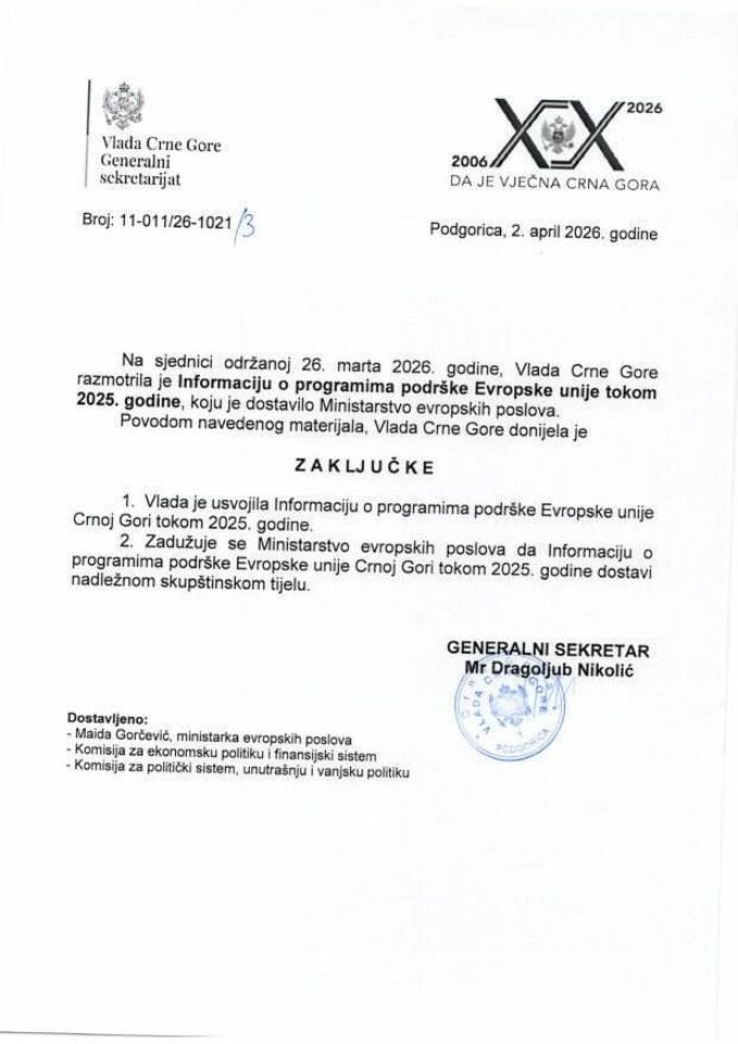 Informacija o programima podrške Evropske unije Crnoj Gori tokom 2025. godine - Zaključci