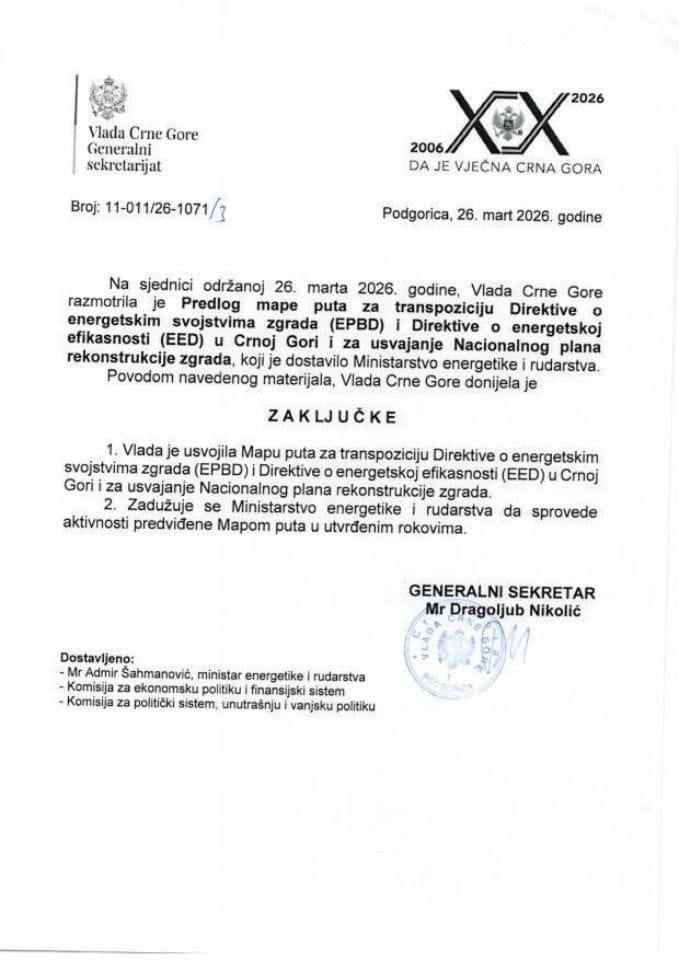 Predlog mape puta za transpoziciju Direktive o energetskim svojstvima zgrada (EPBD) i Direktive o energetskoj efikasnosti (EED) u Crnoj Gori i za usvajanje Nacionalnog plana rekonstrukcije zgrada - Zaključci
