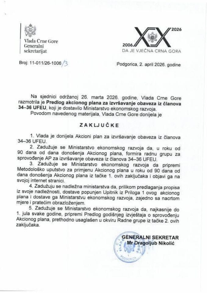 Predlog akcionog plana za izvršavanje obaveza iz članova 34-36 UFEU - Zaključci