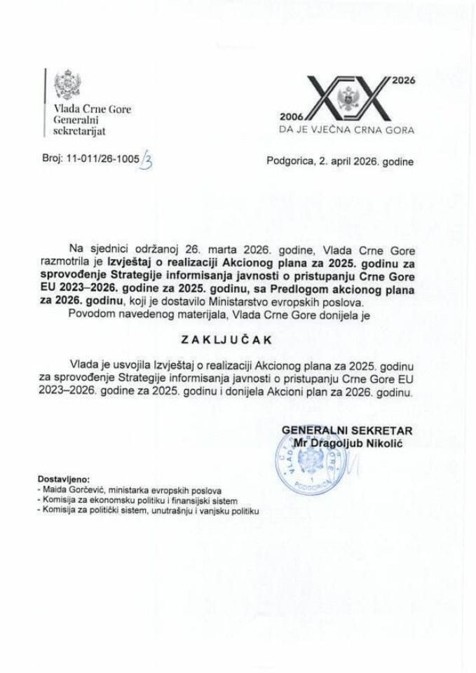 Izvještaj o realizaciji Akcionog plana za 2025. godinu za sprovođenje Strategije informisanja javnosti o pristupanju Crne Gore EU 2023-2026. godine sa Predlogom akcionog plana za 2026. godinu - Zaključci