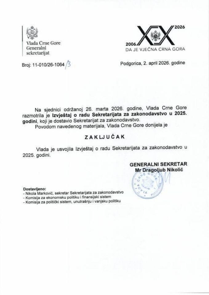 Izvještaj o radu Sekretarijata za zakonodavstvo u 2025. godini - Zaključci