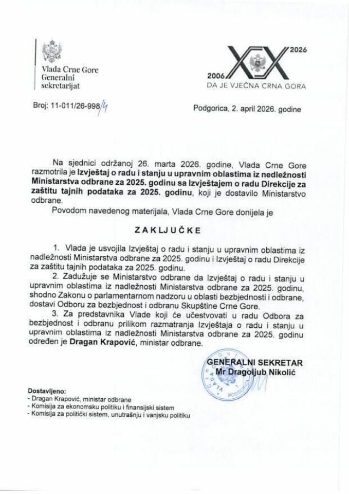 Izvještaj o radu i stanju u upravnim oblastima iz nadležnosti Ministarstva odbrane za 2025. godinu sa Izvještajem o radu Direkcije za zaštitu tajnih podataka za 2025. godinu