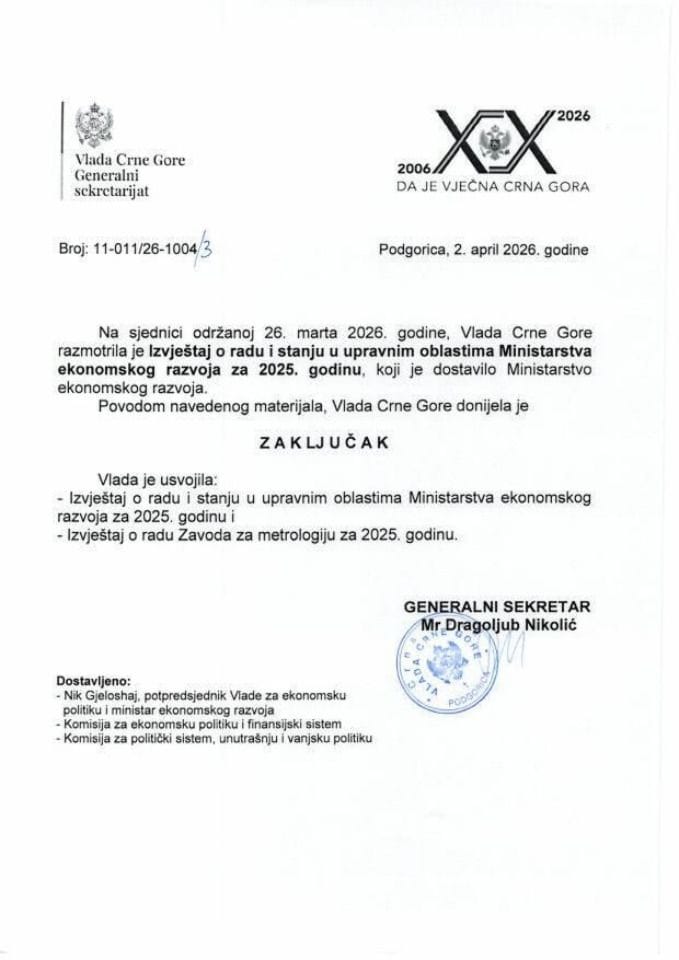 Izvještaj o radu i stanju u upravnim oblastima Ministarstva ekonomskog razvoja za 2025. godinu - Zaključci