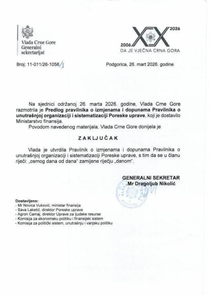 Предлог правилника о измјенама и допунама Правилника о унутрашњој организацији и систематизацији Пореске управе - Закључци