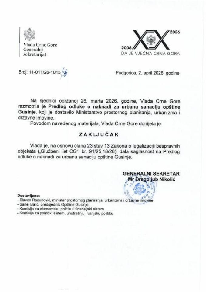 Предлог одлуке о накнади за урбану санацију општине Гусиње - Закључци