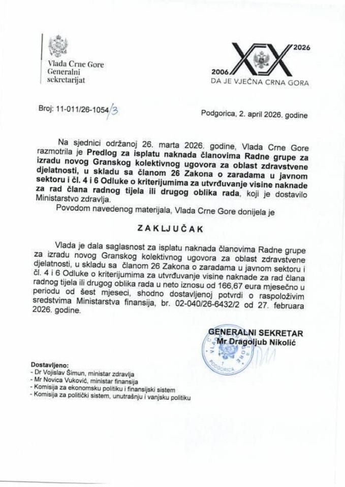 Predlog za davanje saglasnosti za isplatu naknada Radnoj grupi za izradu novog Granskog kolektivnog ugovora za oblast zdravstvene djelatnosti u skladu sa članom 26 Zakona o zaradama zaposlenih u javnom sektoru - Zaključci