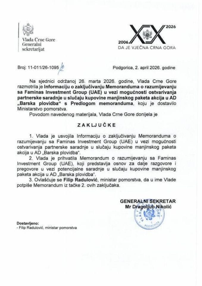 Informacija o zaključivanju Memoranduma o razumijevanju sa Faminas Investment Group (UAE) u vezi mogućnosti ostvarivanja partnerske saradnje u slučaju kupovine maninjskog paketa akcija u AD Barska plovidba s Predlogom memoranduma - Zaključci