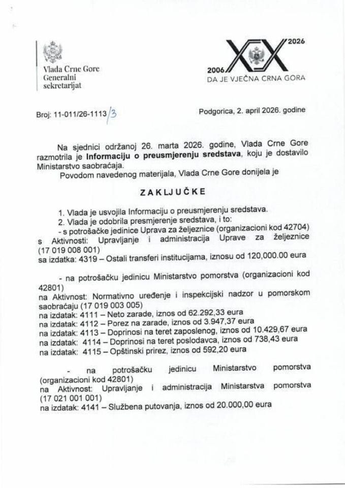 Informacija o preusmjerenju sredstava - Zaključci