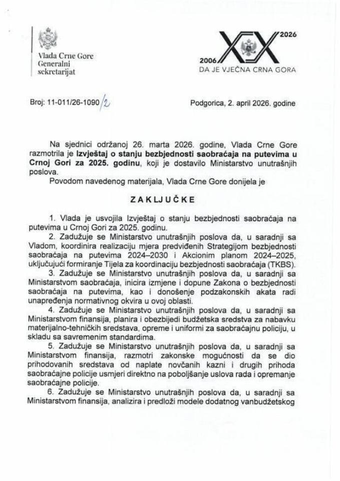 Извјештај о стању безбједности саобраћаја на путевима, за 2025. годину - Закључци