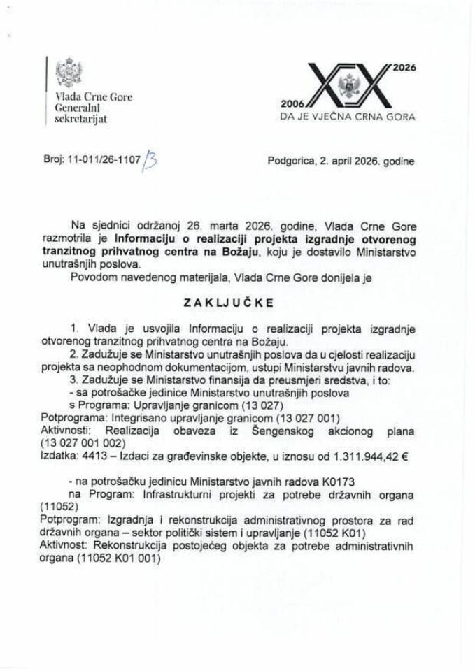 Informacija o realizaciji projekta izgradnje otvorenog tranzitnog prihvatnog centra Božaj - Zaključci