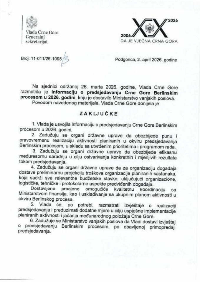Informacija o predsjedavanju Crne Gore Berlinskim procesom u 2026. godini - Zaključci
