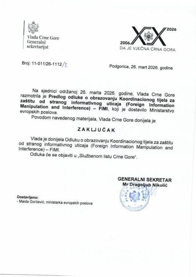 Предлог одлуке о образовању Координационог тијела за заштиту од страног информативног утицаја (Foreign Information Manipulation and Interference) – FIMI - Закључци