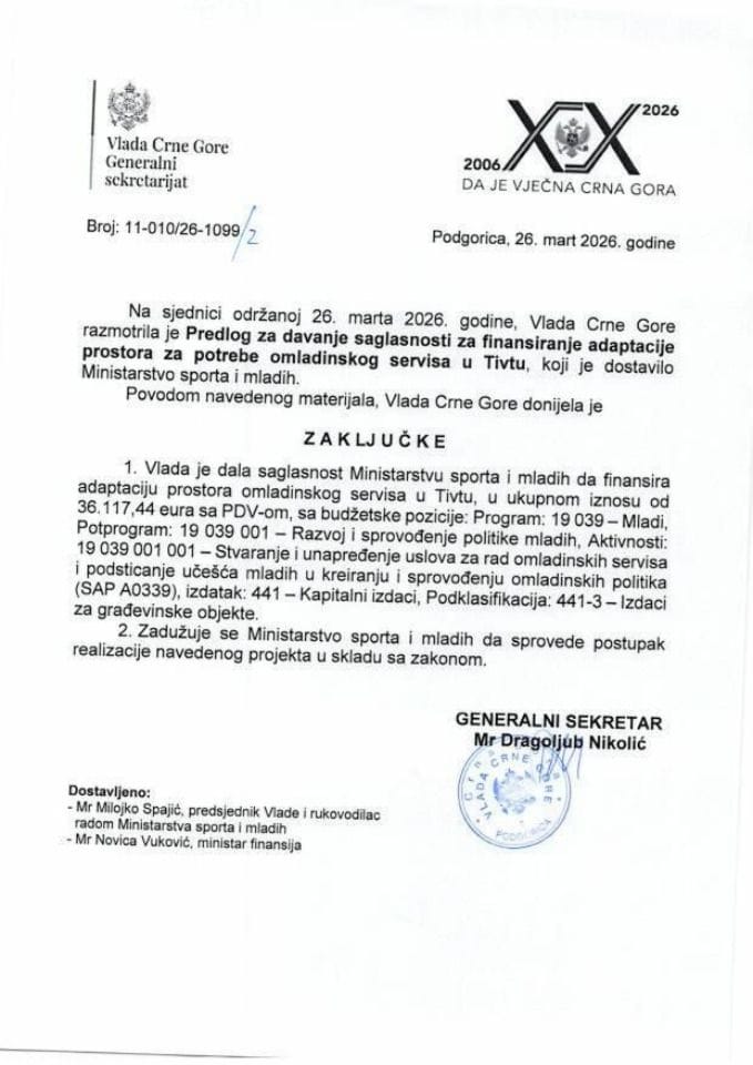 Predlog za davanje saglasnosti za finansiranje adaptacije prostora za potrebe omladinskog servisa u Tivtu - Zaključci