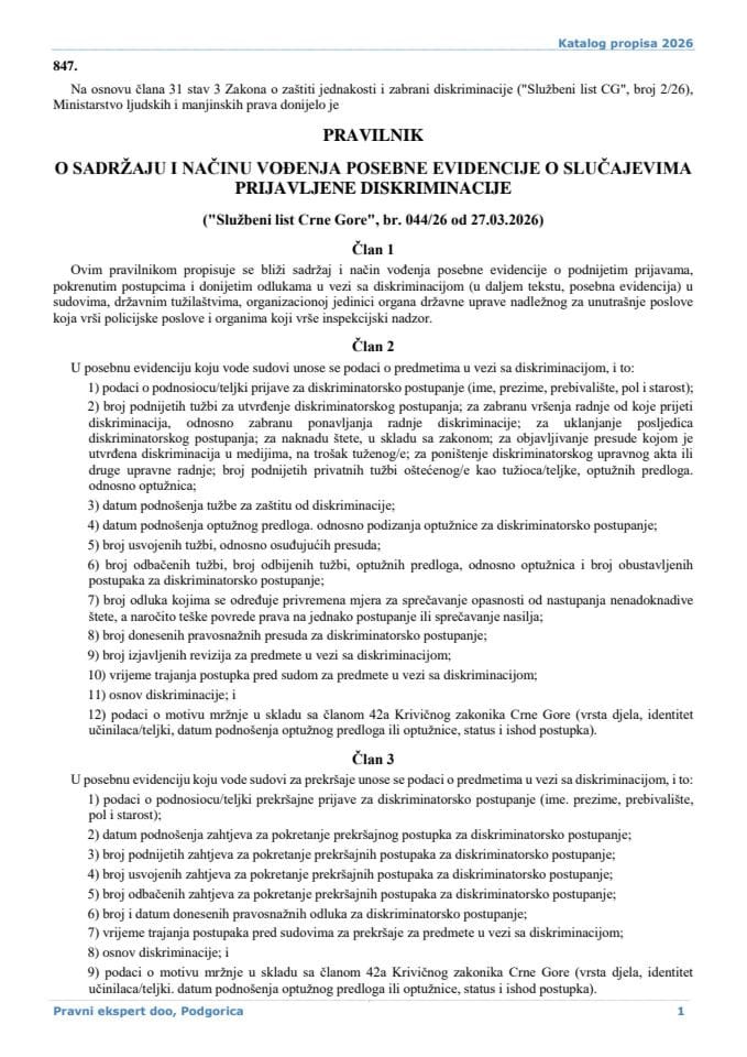 Pravilnik o sadrzaju i nacinu vodjenja posebne evidencije o slucajevima prijavljene diskriminacije (002)