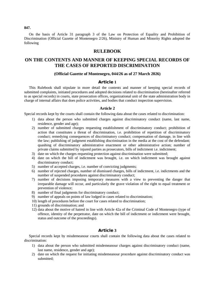 RULEBOOK ON THE CONTENTS AND MANNER OF KEEPING SPECIAL RECORDS OF THE CASES OF REPORTED DISCRIMINATION