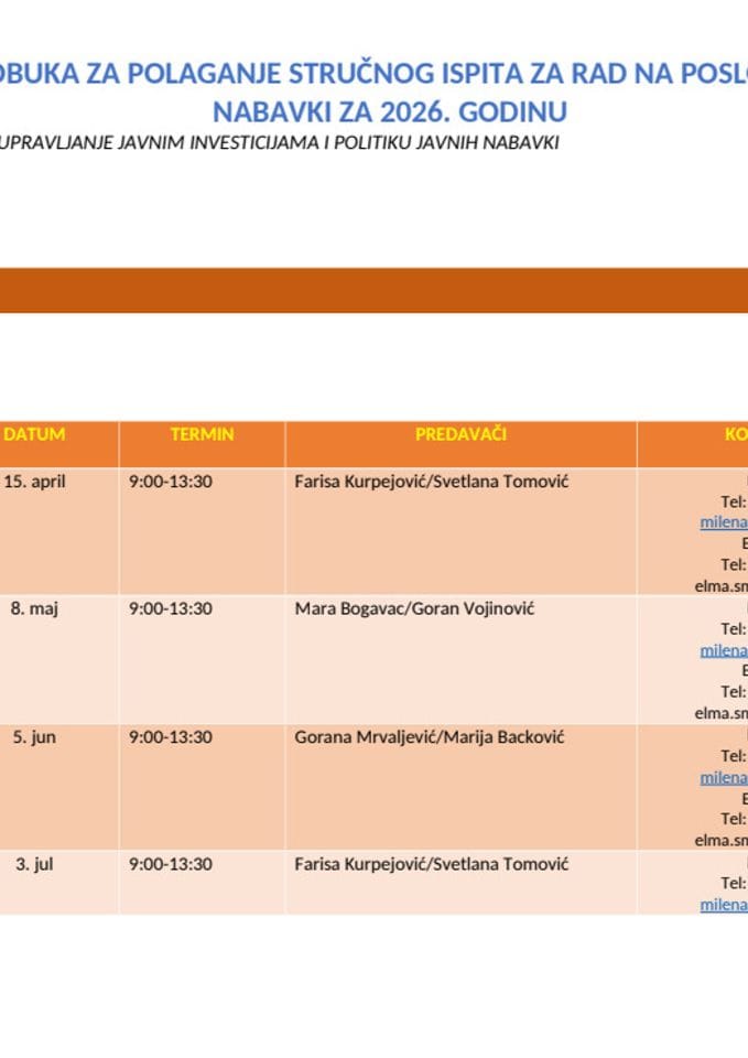 Kalendar obuka za polaganje stručnog ispita za rad na poslovima javnih nabavki za 2026. godinu