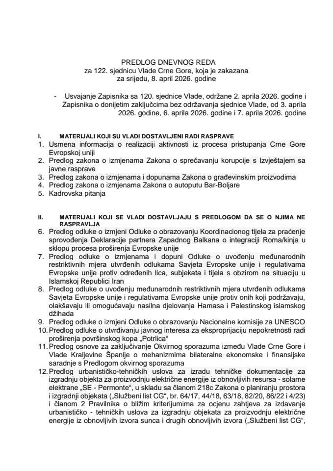 Предлог дневног реда за 122. сједницу Владе Црне Горе