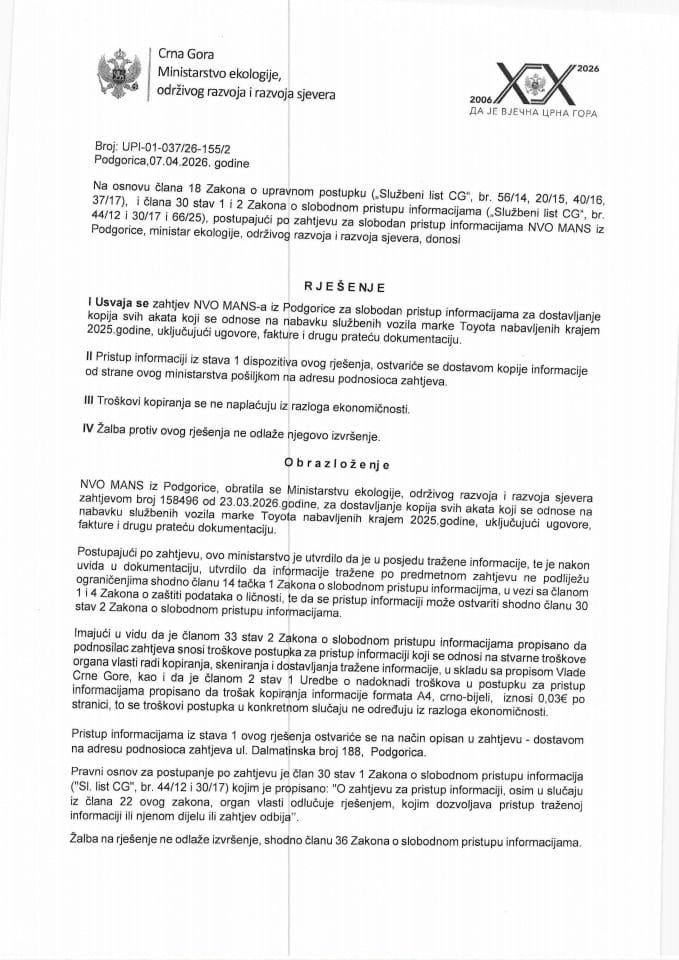 Rješenje po zahtjevu NVO MANS br.UPI-01-03726-1552 od 07.04.2026