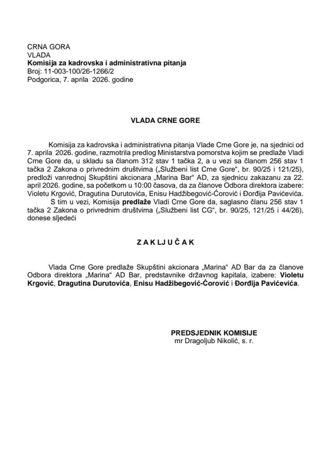 Предлог за избор чланова Обора директора „Марина“ АД Бар