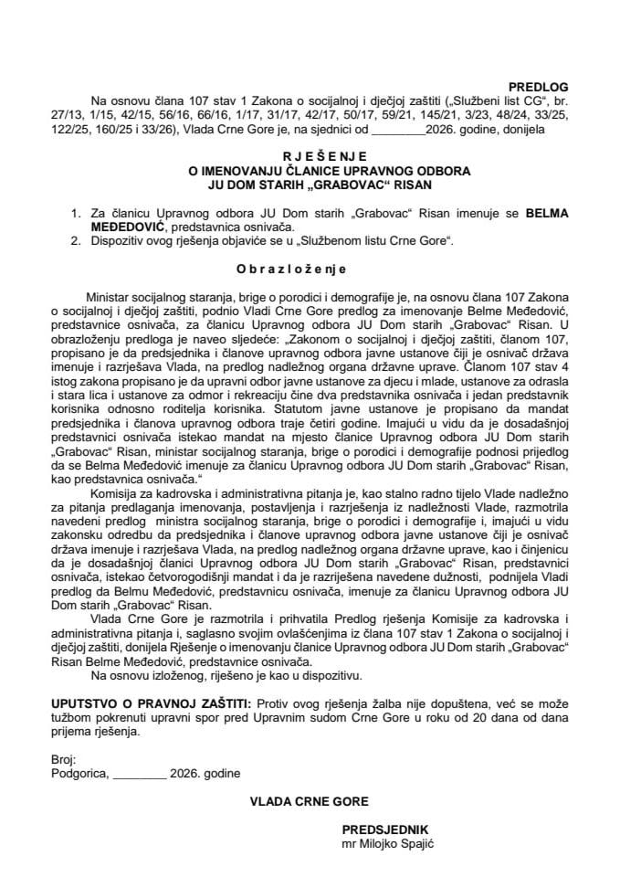 Predlog za imenovanje članice Upravnog odbora JU Dom starih „Grabovac“ Risan