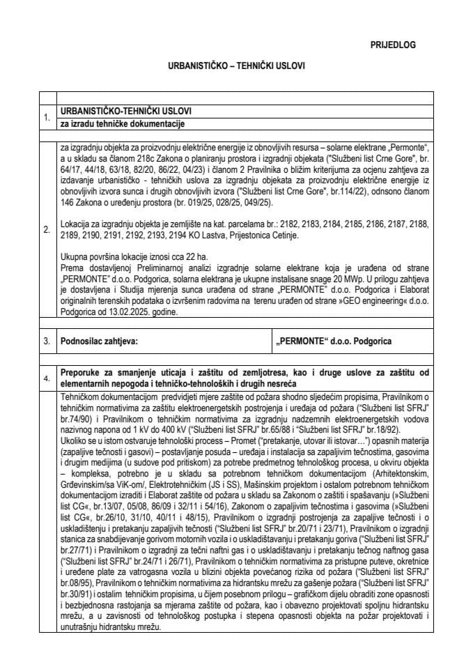 Предлог урбанистичко-техничких услова за израду техничке документације за изградњу објекта за производњу електричне енергије из обновљивих ресурса - соларне електране „СЕ - Permonte“