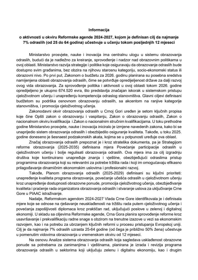 Informacija o aktivnosti u okviru Reformske agende 2024-2027, kojom je definisan cilj da najmanje 7% odraslih (od 25 do 64 godina) učestvuje u učenju tokom posljednjih 12 mjeseci