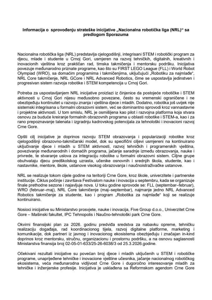 Информација о спровођењу стратешке иницијативе „Национална роботичка лига (НРЛ)“ са Предлогом споразума