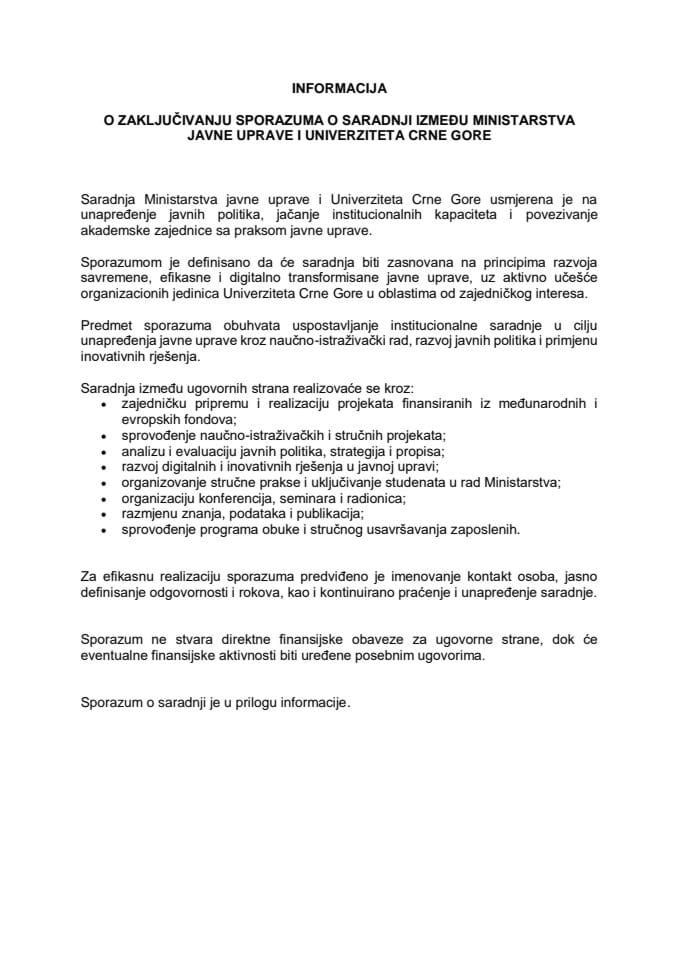 Informacija o zaključivanju Sporazuma o saradnji između Minstarstva javne uprave i Univerziteta Crne Gore s Predlogom sporazuma