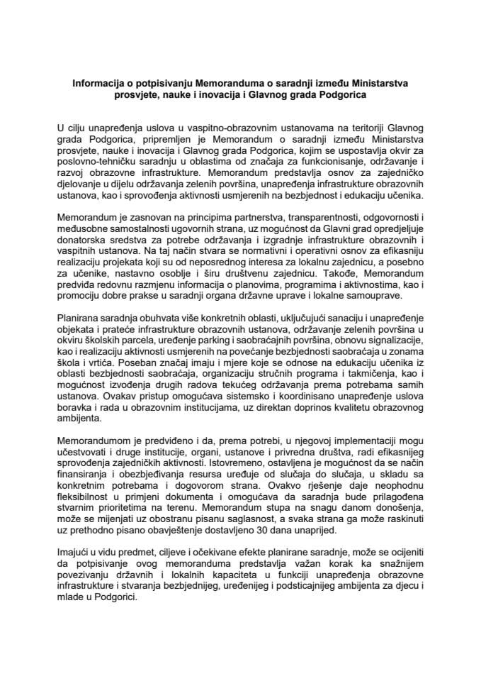 Informacija o potpisivanju Memoranduma o saradnji između Ministarstva prosvjete, nauke i inovacija i Glavnog grada Podgorica sa Predlogom memoranduma