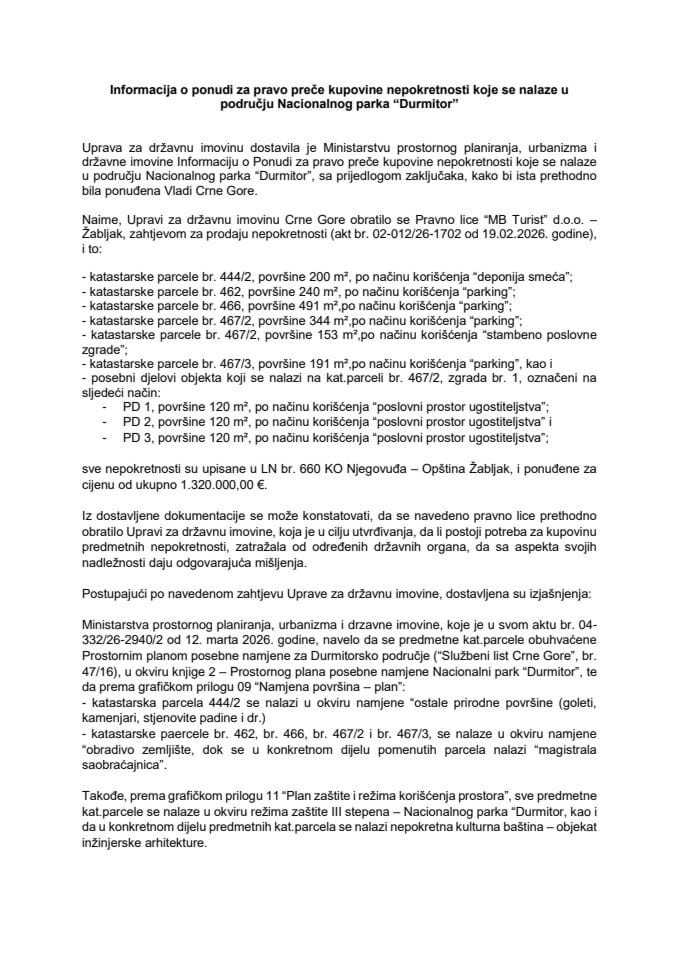 Информација о понуди за право прече куповине непокретности које се налазе у подручју Националног парка „Дурмитор“