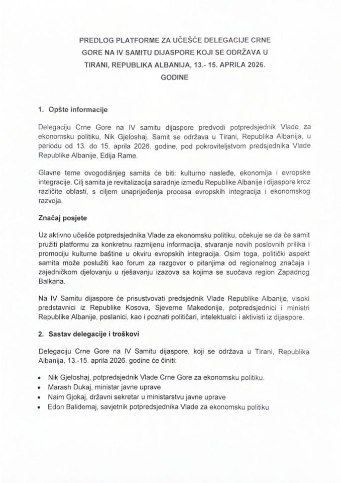 Предлог платформе за учешће делегације Црне Горе на IV  Самиту дијаспоре који се одржава у Тирани, Република Албанија, 13- 15. априла 2026. године